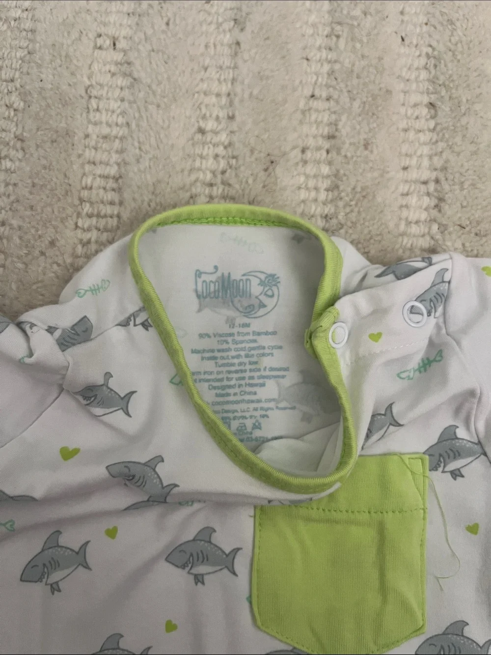 Coco Moon White & Lime Shark Pocket Baby One-Piece Bodysuit